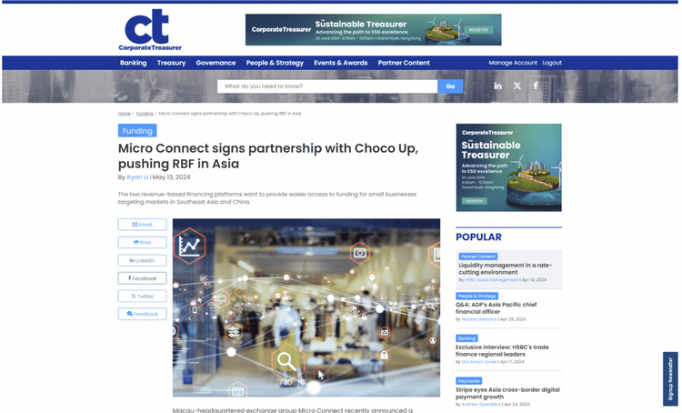 Corporate Treasurer | Micro Connect signs partnership with Choco Up, pushing RBF in Asia